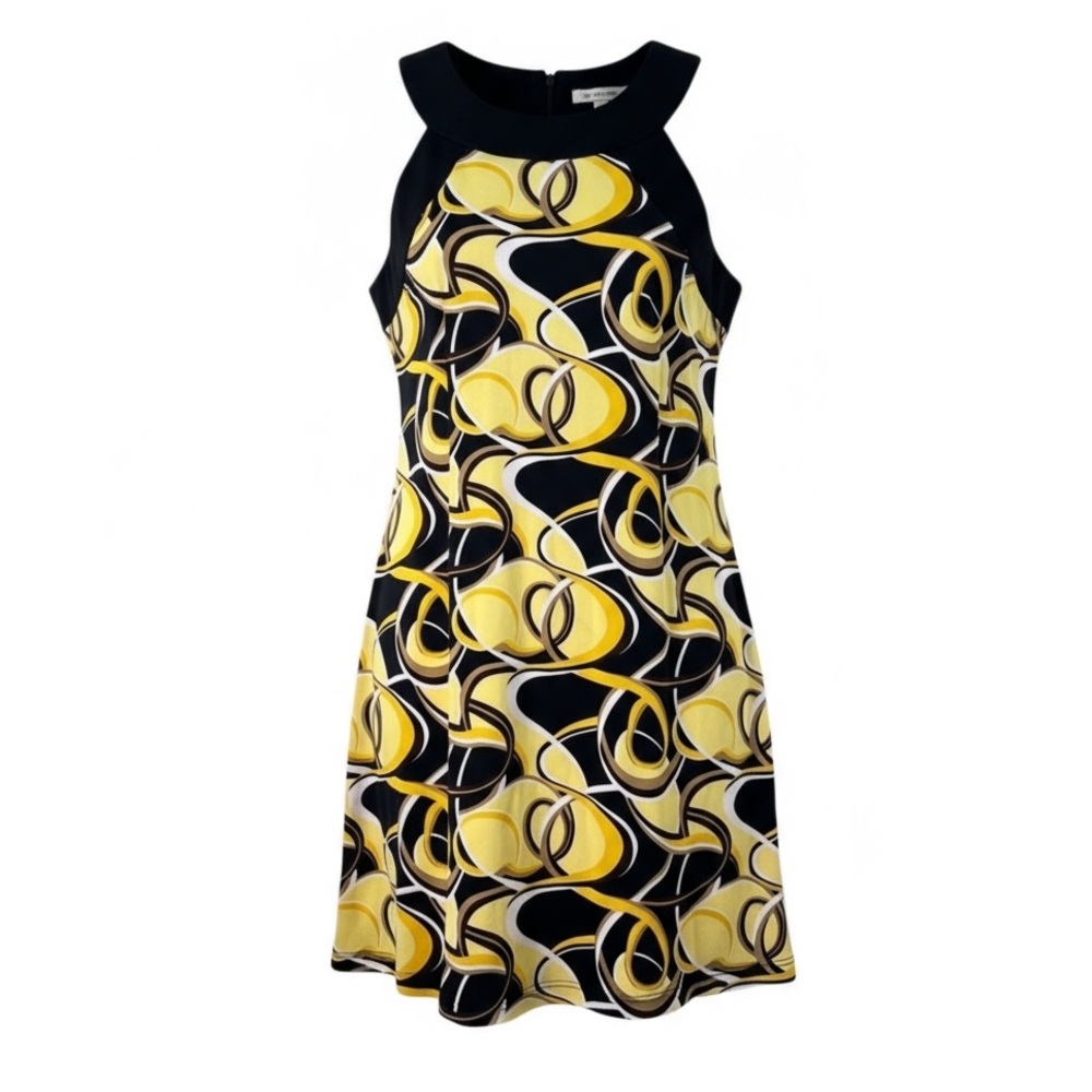 VTG Y2K Alyn Paige Abstract Yellow Black Geometric Midi Dress L Mod‎ Retro